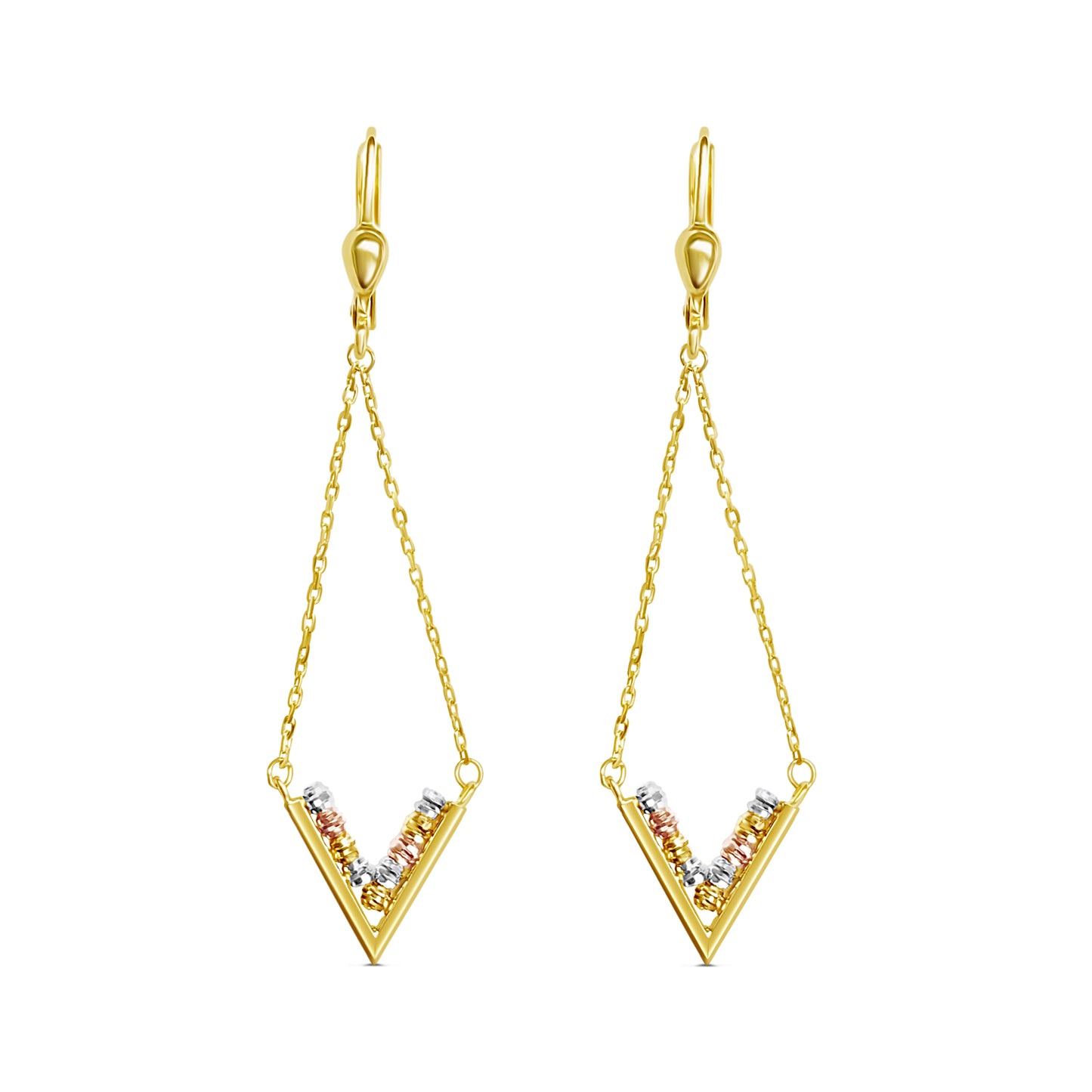 Tri-Color Gold Beaded "V" Drop Earrings