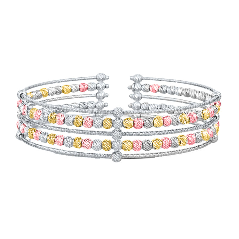 Double Row Wedge, Tri-Color White Gold Beaded Bangle Bracelet