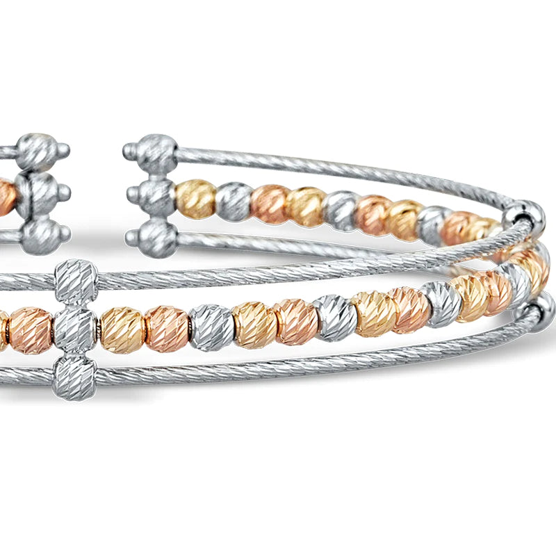 Single Row Wedge, Tri-Color Gold Beaded Bangle Bracelet