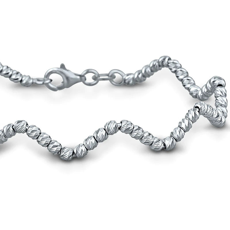 Zig Zag Single Line, White Gold Beaded Bangle Bracelet