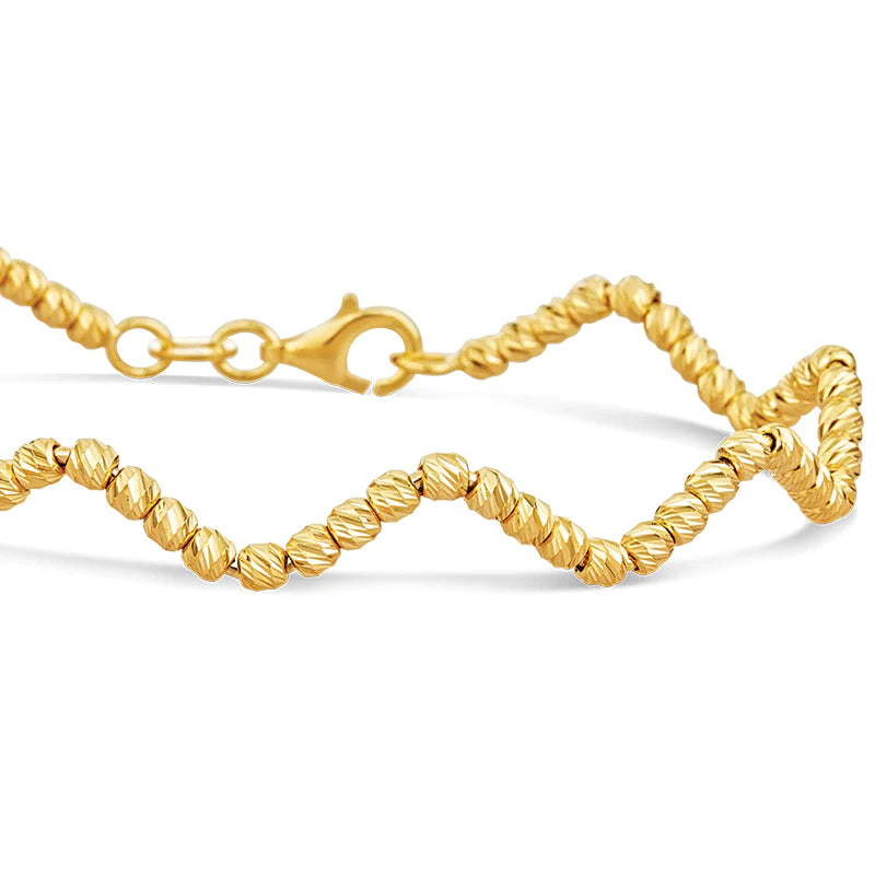 Zig Zag Single Line, Yellow Gold Beaded Bangle Bracelet