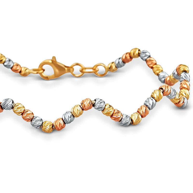 Zig Zag Single Line, Tri-Color Gold Beaded Bangle Bracelet