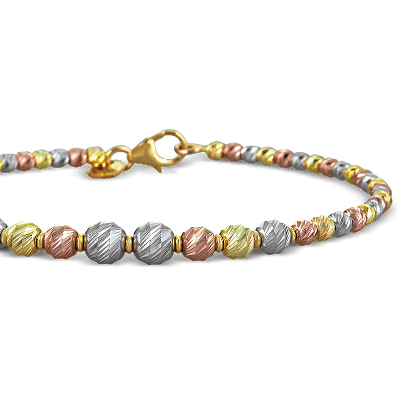 Graduated Beads, Tri-Color Gold Beaded Bangle Bracelet