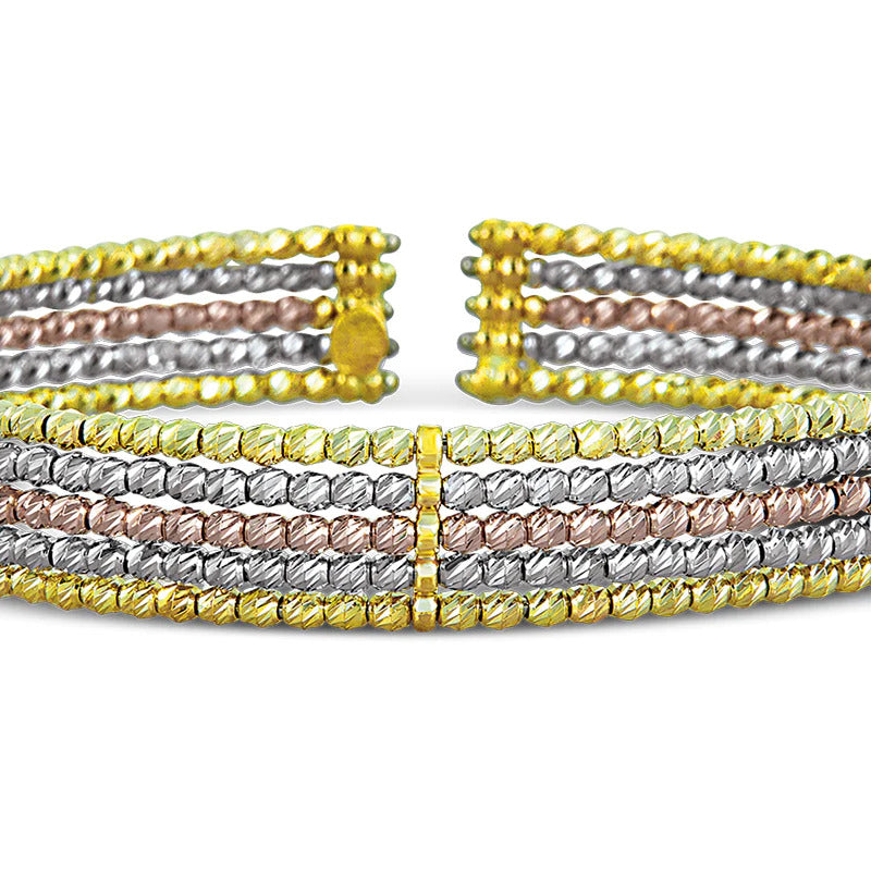 Five Row, Tri-Color Gold Beaded Bangle Bracelet