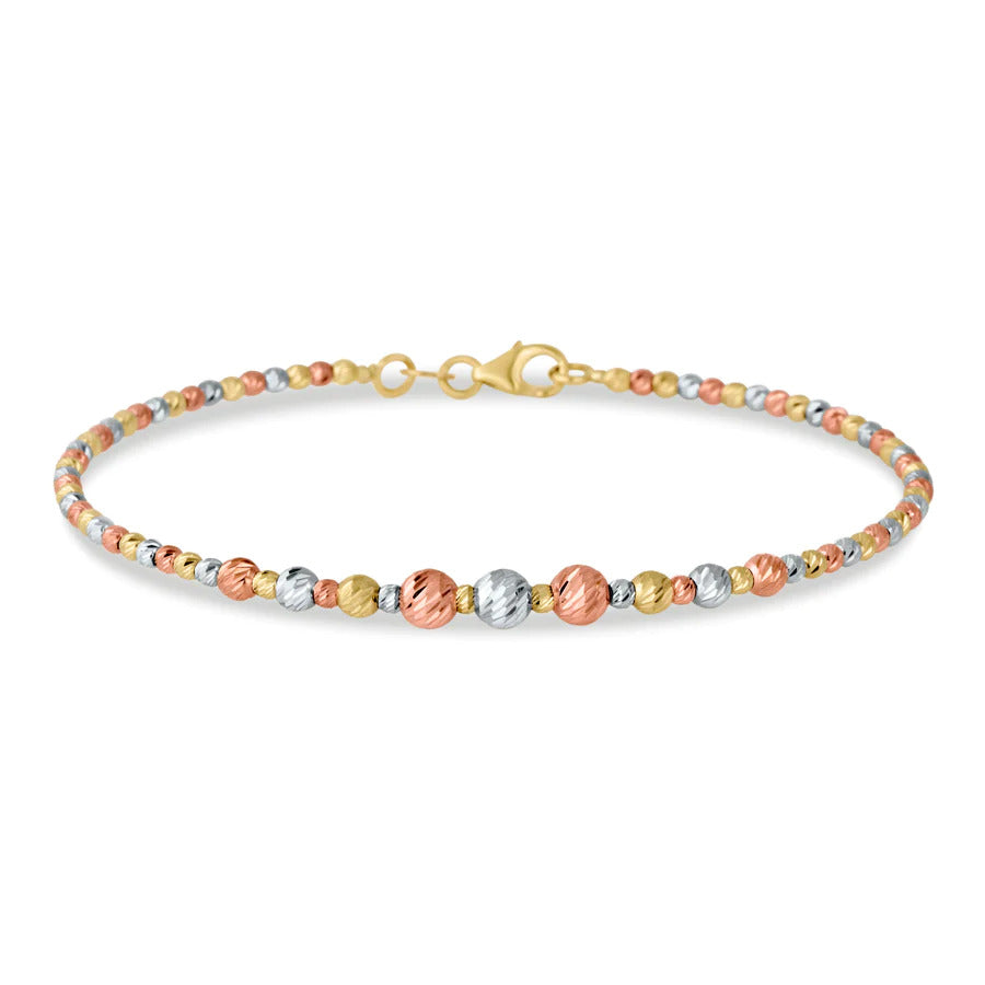 Center Graduated Beaded Bangle Bracelet, Tri-Color Gold