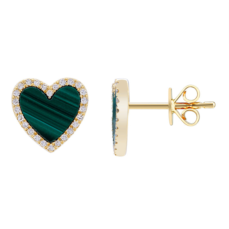 Diamond & Malachite Heart Stud Earrings - YG