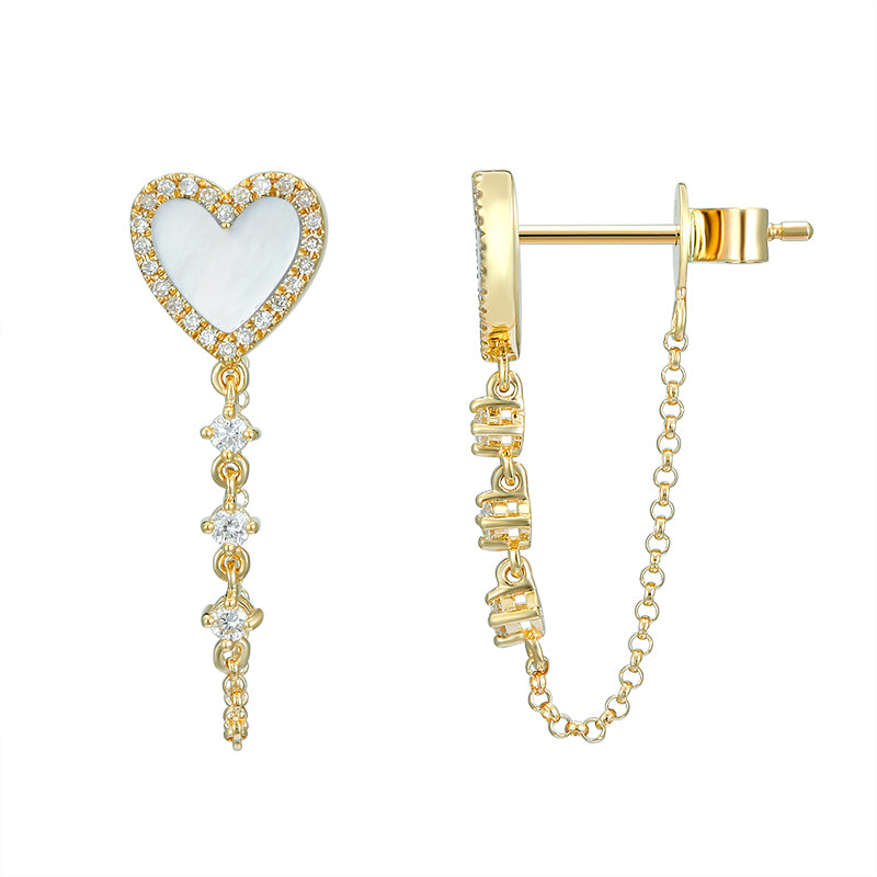 Diamond & Mother of Pearl Heart Drop Earrings - YG