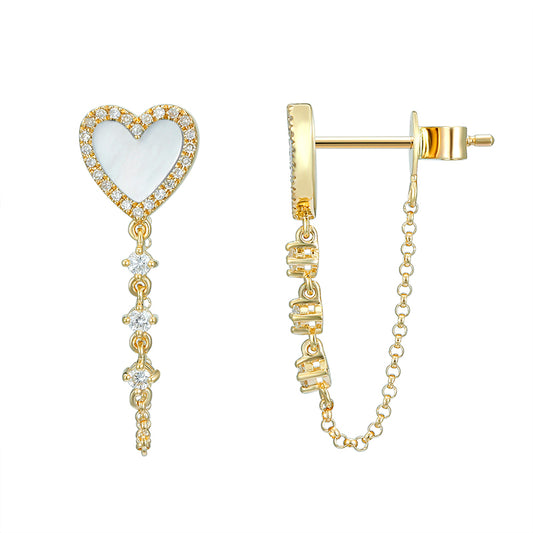 Diamond & Mother of Pearl Heart Drop Earrings - YG