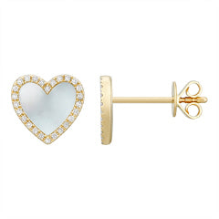 Diamond & Mother of Pearl Heart Stud Earrings - YG