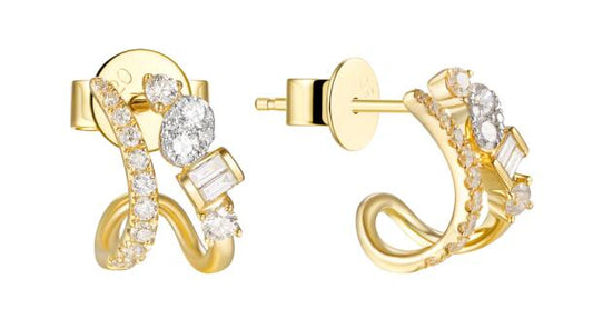 Diamond Double Line Multi-Shape Claw Earrings - YG