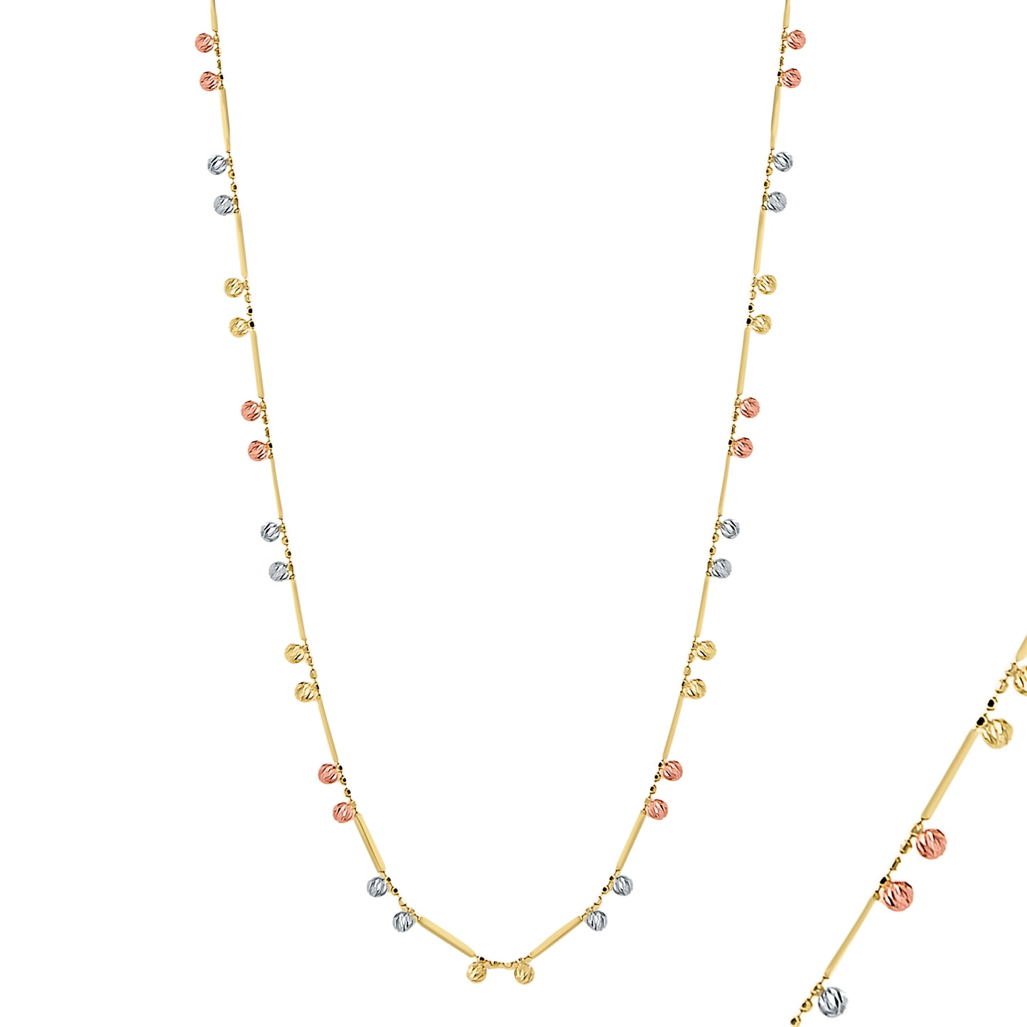 Tri-Color Gold Dancing Bead & Bar Necklace