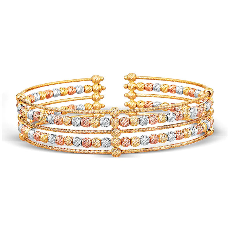 Double Row Wedge, Tri-Color Yellow Gold Beaded Bangle Bracelet