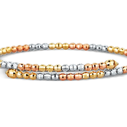 Single Line, Tri-Color Gold, Cross Over Beaded Bangle Bracelet