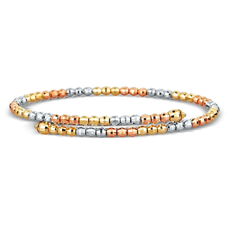 Single Line, Tri-Color Gold, Cross Over Beaded Bangle Bracelet