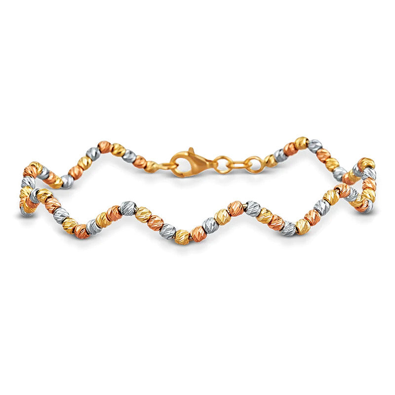 Zig Zag Single Line, Tri-Color Gold Beaded Bangle Bracelet