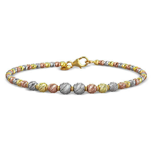 Graduated Beads, Tri-Color Gold Beaded Bangle Bracelet