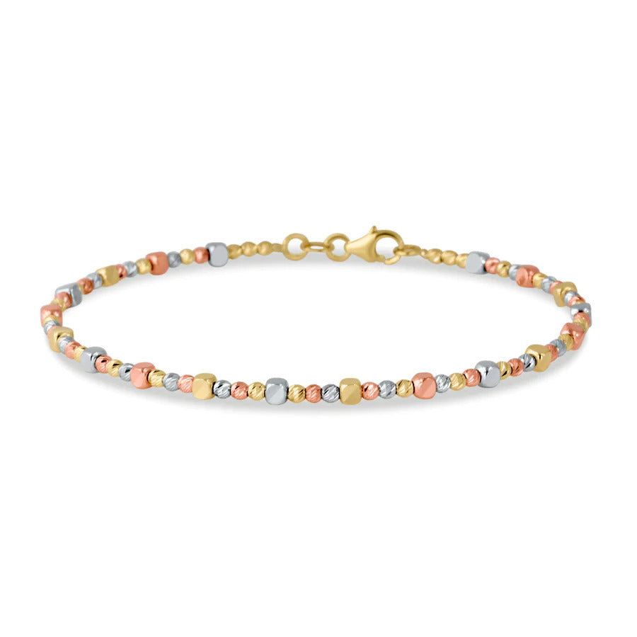Round and Square Tri-Color Gold Beaded Bangle Bracelet