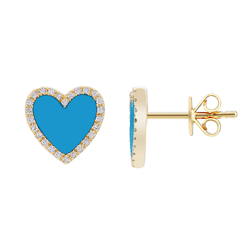 Diamond & Turquoise Heart Stud Earrings - YG