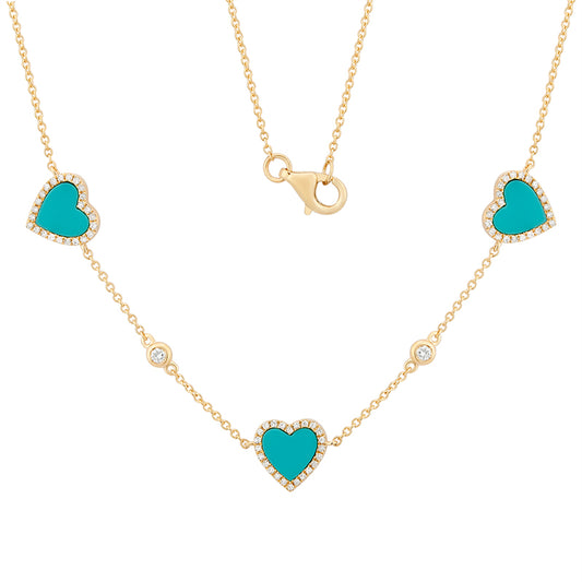 Diamond & Turquoise 3 Heart Necklace - YG